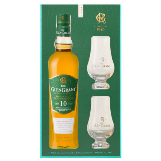Glen Grant 10 Year Old Single Malt Scotch Whisky + 2 Glasses Gift Pack